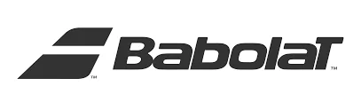 The image displays the Babolat logo, featuring stylized black text "Babolat" with a diagonally striped design element to the left.