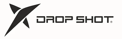 Black and white logo of Drop Shot with stylized text and a geometric, abstract design resembling an angular arrow to the left of the text.