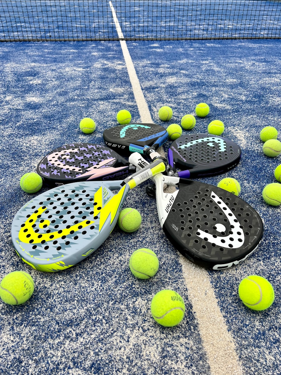 padel rackets and balls on apadel court